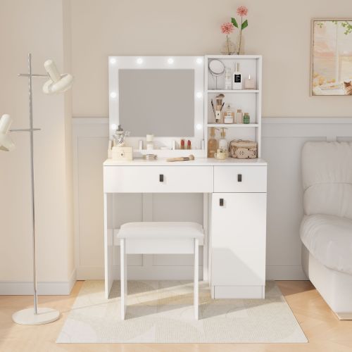 Vanity Desk with Lights, Vanity Set with Mirror, Makeup Vanity Desk with Large Drawers & Three Level Storage Dreeser, Vanitys/Vanities with 3-Light Brightness Adjustable for Bedroom, White - Particle Board+MDF - Modern - 2 Drawers - Not Specified - Mirror Included - 2 or Less - Hinged - Extra Deep Drawers