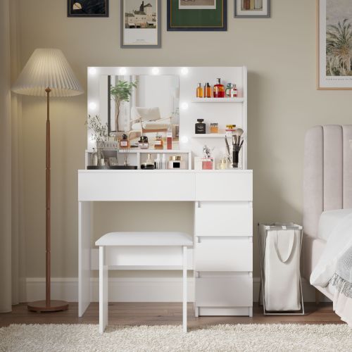 Vanity, Makeup Vanity Desk Set with Mirror & Light, Dressing Table Storage Lots , 3 Lighting Modes with Adjustable Brightness, White with Stool - Particle Board+MDF - Modern - 4 Drawers - Not Specified - Mirror Included - Drawer - Bedroom - 2 or Less - Not Specified - Extra Deep Drawers - 3-Light