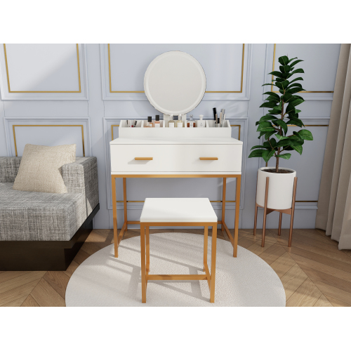 Vanity Set with Mirror and Stool - Makeup Vanity Table with Storage Drawers and Organizer, White and Gold, Space-Saving Design for Small Bedrooms - Ancient White - Melamine - Modern - 1 Drawer - Not Specified - Not Specified - Not Specified - Not Specified - Not Specified - Not Specified - Not Specified - Not Specified