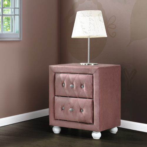Pink 2-Drawer Nightstand - Wood+Fabric - 2 Drawers - Drawers - Rectangle - Bedroom