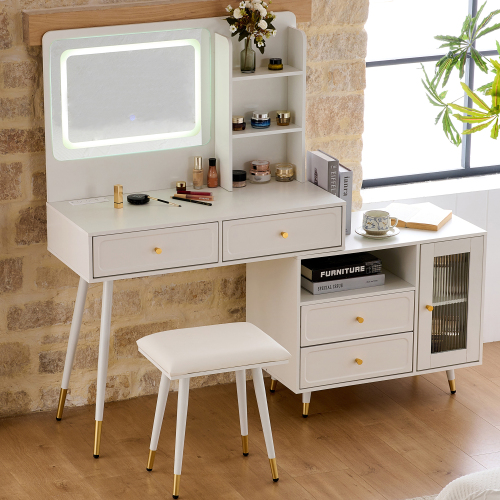 Modern Makeup Vanity Desk with Mirror and Lights, Retractable Dressing Table with Drawers and Cabinet, Compact Makeup Table Set with Power Outlet for Bedroom, White - Engineered Wood