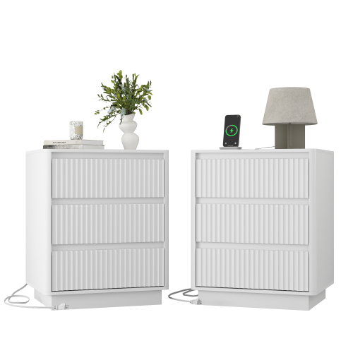 (Set of 2)End Table with Fast USB C Charging Station, Sofa Side Table with 3Drawers, Large Storage Modern Wood Storage Cabinet for Living Room,Bedroom,Office, White - Particle Board - Primary Living Space