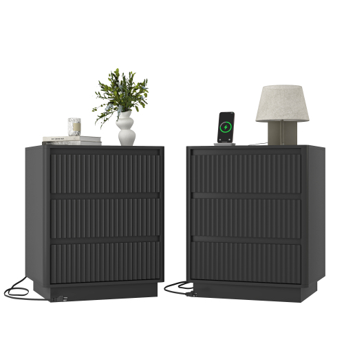 (Set of 2)End Table with Fast USB C Charging Station, Sofa Side Table with 3Drawers, Large Storage Modern Wood Storage Cabinet for Living Room,Bedroom,Office, Black - Particle Board - Primary Living Space