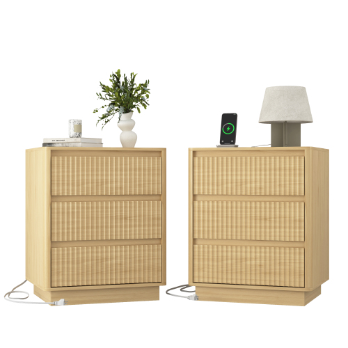 (Set of 2)End Table with Fast USB C Charging Station, Sofa Side Table with 3Drawers, Large Storage Modern Wood Storage Cabinet for Living Room,Bedroom,Office, Natura; - Natural - Particle Board - Primary Living Space