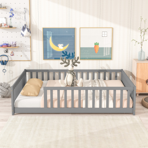 Full Size Floor Bed with Fence without Door,Rubber Wood Floor Bed with Safety Guardrails,Grey