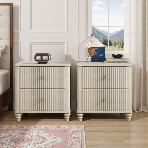 Fluted Nightstand 2-Piece Set, 21.65" Wide Side Table with 3 Drawers, Mid Century Modern Wood NightStand with Metal Handle, Wooden Bedside End Table for Bedroom, Living Room, Closet, Beige - Rubber Wood - Drawer Storage - Primary Living Space - Solid Wood - Rubberwood - Not Specified