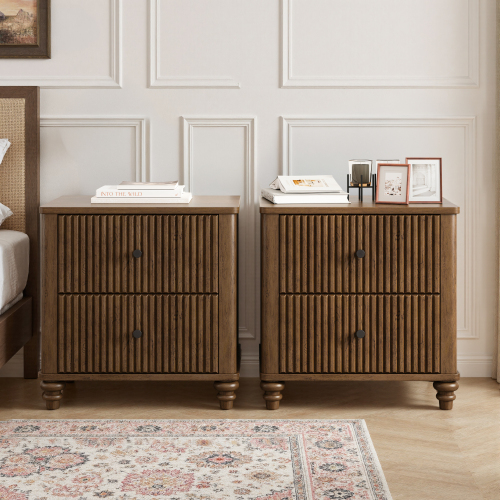 Fluted Nightstand 2-Piece Set, 21.65" Wide Side Table with 3 Drawers, Mid Century Modern Wood NightStand with Metal Handle, Wooden Bedside End Table for Bedroom, Living Room, Closet, Walnut - Rubber Wood - Drawer Storage - Primary Living Space - Solid Wood - Rubberwood - Not Specified