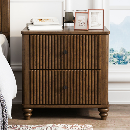 Fluted Nightstand, 21.65" Wide Side Table with 3 Drawers, Mid Century Modern Wood NightStand with Metal Handle, Wooden Bedside End Table for Bedroom, Living Room, Closet, Walnut - MDF+Metal,Rubber Wood - Drawer Storage - Primary Living Space - Not Specified - Rubberwood