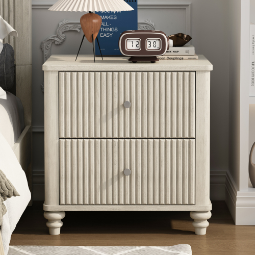 Fluted Nightstand, 21.65" Wide Side Table with 3 Drawers, Mid Century Modern Wood NightStand with Metal Handle, Wooden Bedside End Table for Bedroom, Living Room, Closet, Beige - MDF+Metal,Rubber Wood - Drawer Storage - Primary Living Space - Not Specified - Not Specified - Not Specified