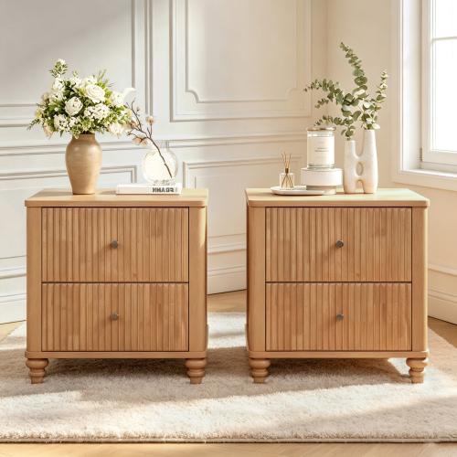 ETA:9.4-CA:20) Fluted Nightstand 2-Piece Set, 21.65" Wide Side Table with 3 Drawers, Mid Century Modern Wood NightStand with Metal Handle, Wooden Bedside End Table for Bedroom, Living Room, Natural - MDF+Metal,Rubber Wood - Drawer Storage - Primary Living Space - Not Specified - Rubberwood - Not Specified