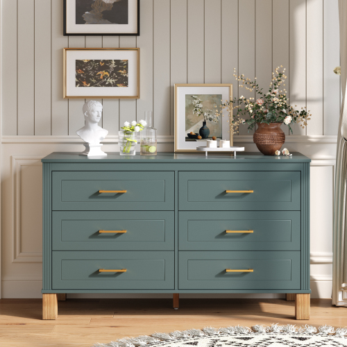 6-Drawer Double Dresser in Blue, Modern Storage Cabinet with Metal Handles & Solid Wood Legs, Dresser Drawer Organizer for Kids Bedroom, Heavy-Duty Wooden Dresser with Pre-Installed - 47.24'' Blue - Solid Wood+MDF - MDF - Mid-Century Modern - Primary Living Space - Not Specified - Not Specified - Not Specified - Not Specified - Not Specified - Not Specified - Not Specified