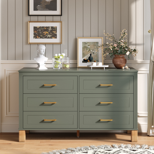6-Drawer Double Dresser in Olive, Modern Storage Cabinet with Metal Handles & Solid Wood Legs, Dresser Drawer Organizer for Kids Bedroom, Heavy-Duty Wooden Dresser with Pre-Installed - Solid Wood+MDF - MDF - Primary Living Space - Not Specified - Not Specified - Not Specified - Not Specified - Not Specified - Not Specified - Not Specified