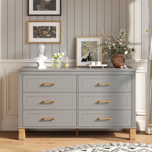 6-Drawer Double Dresser in Gray, Modern Storage Cabinet with Metal Handles & Solid Wood Legs, Dresser Drawer Organizer for Kids Bedroom, Heavy-Duty Wooden Dresser with Pre-Installed - 47.24'' Grey - Solid Wood+MDF - Solid Wood+MDF - Not Specified - Primary Living Space - Not Specified - Not Specified - Not Specified - Not Specified - Not Specified - Not Specified - Not Specified