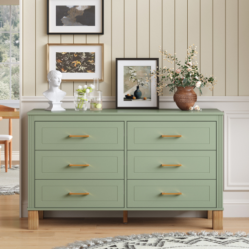 6-Drawer Double Dresser in Sage Green, Modern Storage Cabinet with Metal Handles & Solid Wood Legs, Dresser Drawer Organizer for Kids Bedroom, Heavy-Duty Wooden Dresser with Pre-Installed - 47.24'' Sage Green - Solid Wood+MDF - MDF - Primary Living Space - 5 Or More Drawers - Chest - Not Specified - Not Specified - Not Specified - Not Specified - Not Specified