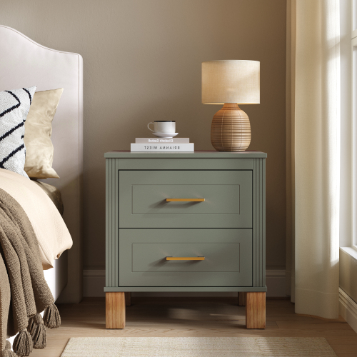 2 Drawer Nightstand, Premium Wood Storage with Elegant Fluted Design, Solid Wood Legs Nightstand with Metal Handle, Tall Bedside Table for Bedroom Living Room,Olive - Solid Wood+MDF - Solid Wood+MDF - Mid-Century Modern - Not Specified - Not Specified - 2 Drawers - Drawers - Drawer Storage - Lacquer - Not Specified