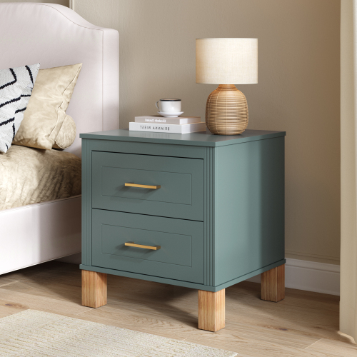 2 Drawer Nightstand, Premium Wood Storage with Elegant Fluted Design, Solid Wood Legs Nightstand with Metal Handle, Tall Bedside Table for Bedroom Living Room,Blue - Solid Wood+MDF - Solid Wood+MDF - Mid-Century Modern - Not Specified - Not Specified - 2 Drawers - Drawers - Drawer Storage - Lacquer - Not Specified
