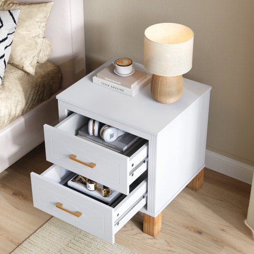 2 Drawer Nightstand, Premium Wood Storage with Elegant Fluted Design, Solid Wood Legs Nightstand with Metal Handle, Tall Bedside Table for Bedroom Living Room, White - Solid Wood+MDF - Solid Wood+MDF - Mid-Century Modern - Not Specified - Not Specified - Not Specified - Drawers - Drawer Storage - Lacquer - Not Specified