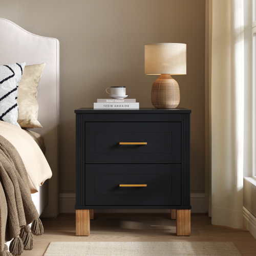 2 Drawer Nightstand, Premium Wood Storage with Elegant Fluted Design, Solid Wood Legs Nightstand with Metal Handle, Tall Bedside Table for Bedroom Living Room, Black - Solid Wood+MDF - Solid Wood+MDF - Mid-Century Modern - Not Specified - Not Specified - 2 Drawers - Drawers - Drawer Storage - Lacquer - Not Specified