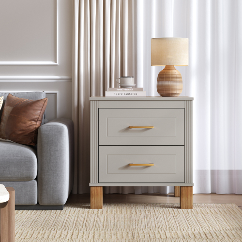 2 Drawer Nightstand, Premium Wood Storage with Elegant Fluted Design, Solid Wood Legs Nightstand with Metal Handle, Tall Bedside Table for Bedroom Living Room,Gray - Solid Wood+MDF - Solid Wood+MDF - Mid-Century Modern - Not Specified - Not Specified - 2 Drawers - Drawers - Drawer Storage - Lacquer - Not Specified