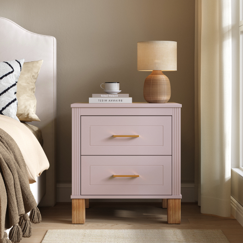 2 Drawer Nightstand, Premium Wood Storage with Elegant Fluted Design, Solid Wood Legs Nightstand with Metal Handle, Tall Bedside Table for Bedroom Living Room, Pink - Solid Wood+MDF - Solid Wood+MDF - Mid-Century Modern - Not Specified - Not Specified - 2 Drawers - Drawers - Drawer Storage - Lacquer - Not Specified