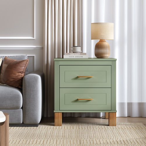 2 Drawer Nightstand, Premium Wood Storage with Elegant Fluted Design, Solid Wood Legs Nightstand with Metal Handle, Tall Bedside Table for Bedroom Living Room, Sage Green - Solid Wood+MDF - Solid Wood+MDF - Mid-Century Modern - Not Specified - Not Specified - 2 Drawers - Drawers - Drawer Storage - Lacquer - Not Specified