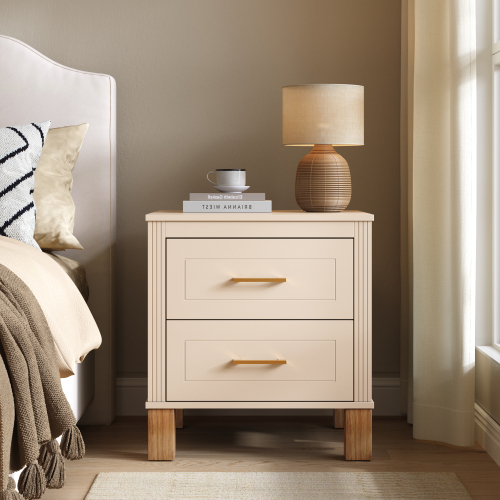 2 Drawer Nightstand, Premium Wood Storage with Elegant Fluted Design, Solid Wood Legs Nightstand with Metal Handle, Tall Bedside Table for Bedroom Living Room, Beige - Solid Wood+MDF - Solid Wood+MDF - Mid-Century Modern - Not Specified - Not Specified - 2 Drawers - Drawers - With Legs - Lacquer - Pine