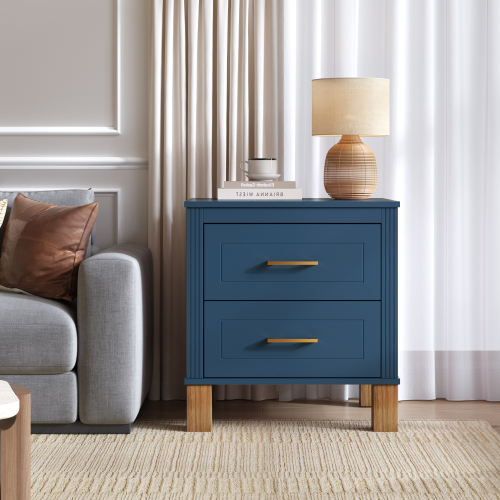 2 Drawer Nightstand, Premium Wood Storage with Elegant Fluted Design, Solid Wood Legs Nightstand with Metal Handle, Tall Bedside Table for Bedroom Living Room, Navy Blue - Solid Wood+MDF - Solid Wood+MDF - Mid-Century Modern - Bathroom - Not Specified - Not Specified - 2 Drawers - Drawers - With Legs - Lacquer - Not Specified