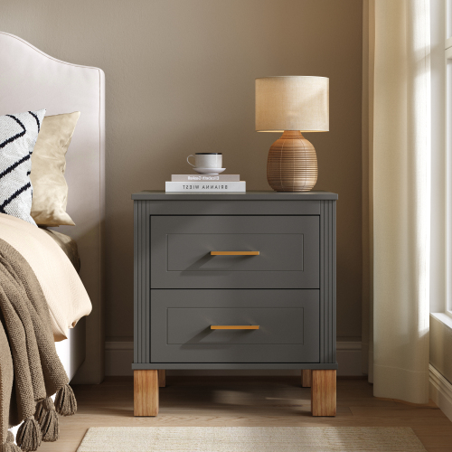 2 Drawer Nightstand, Premium Wood Storage with Elegant Fluted Design, Solid Wood Legs Nightstand with Metal Handle, Tall Bedside Table for Bedroom Living Room, Matte Gray - Matte Black - Solid Wood+MDF - Solid Wood+MDF - Mid-Century Modern - Not Specified - Not Specified - 2 Drawers - Drawers - With Legs - Lacquer - Not Specified